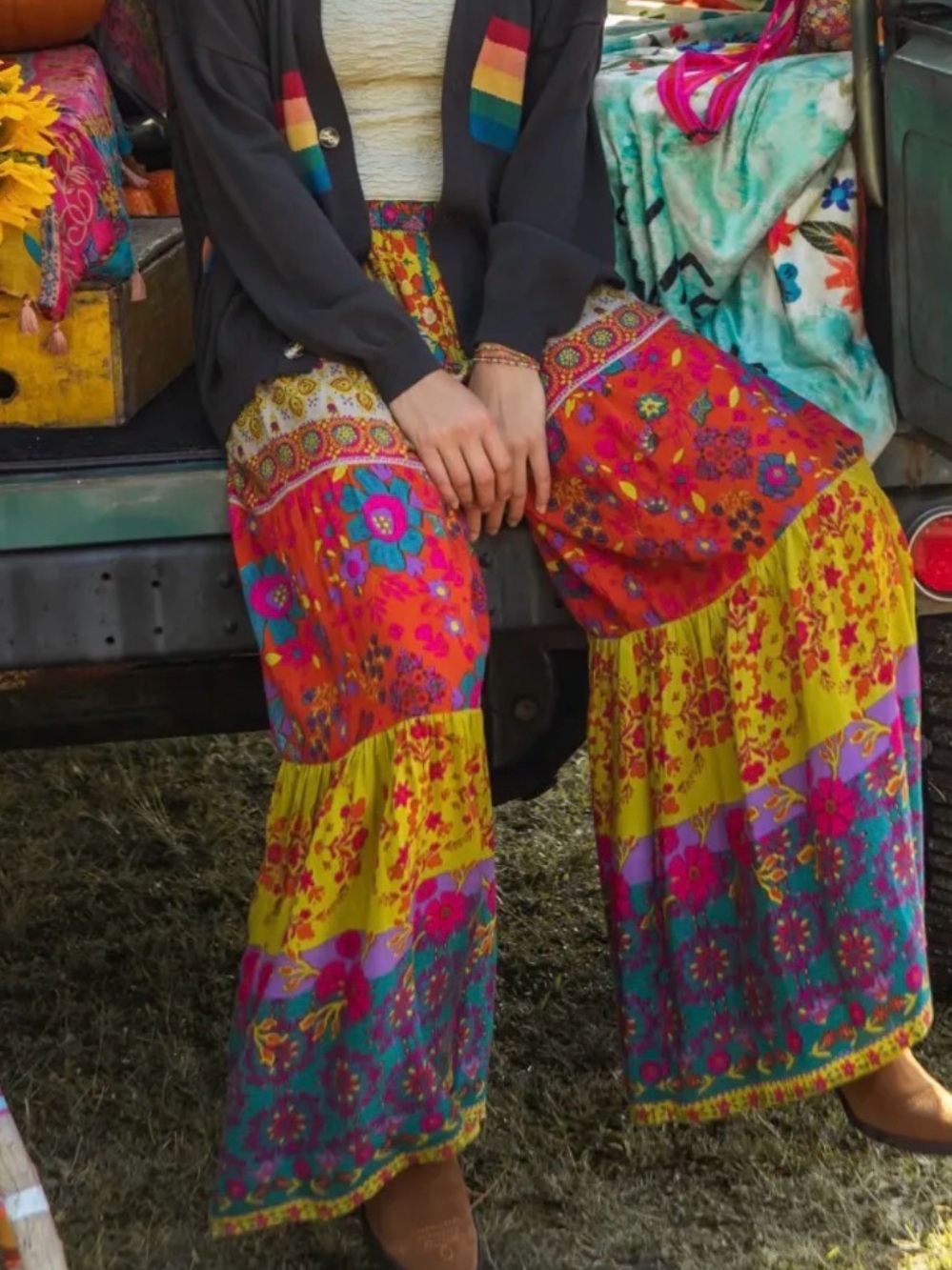 Natural Life- Bohemian Wide-Leg Floral Tiered Pants - Cream Multi - Picture 5 of 9